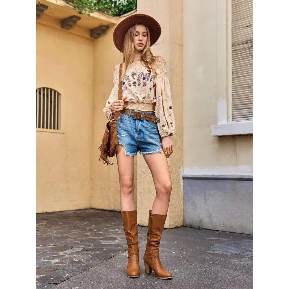 Women Brown Mid Knee High Boots Chunky Heel Slouchy Metal Buckle Winter Shoes